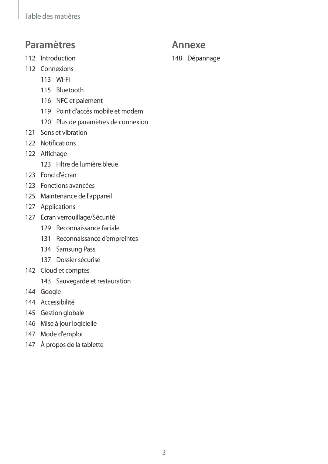 Samsung SM-T395NZKAXEF manual Paramètres Annexe 