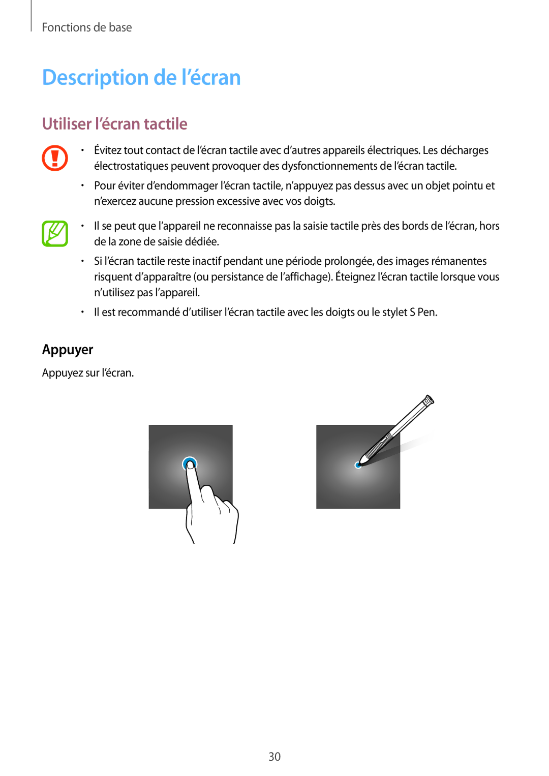 Samsung SM-T395NZKAXEF manual Description de l’écran, Utiliser l’écran tactile, Appuyer 