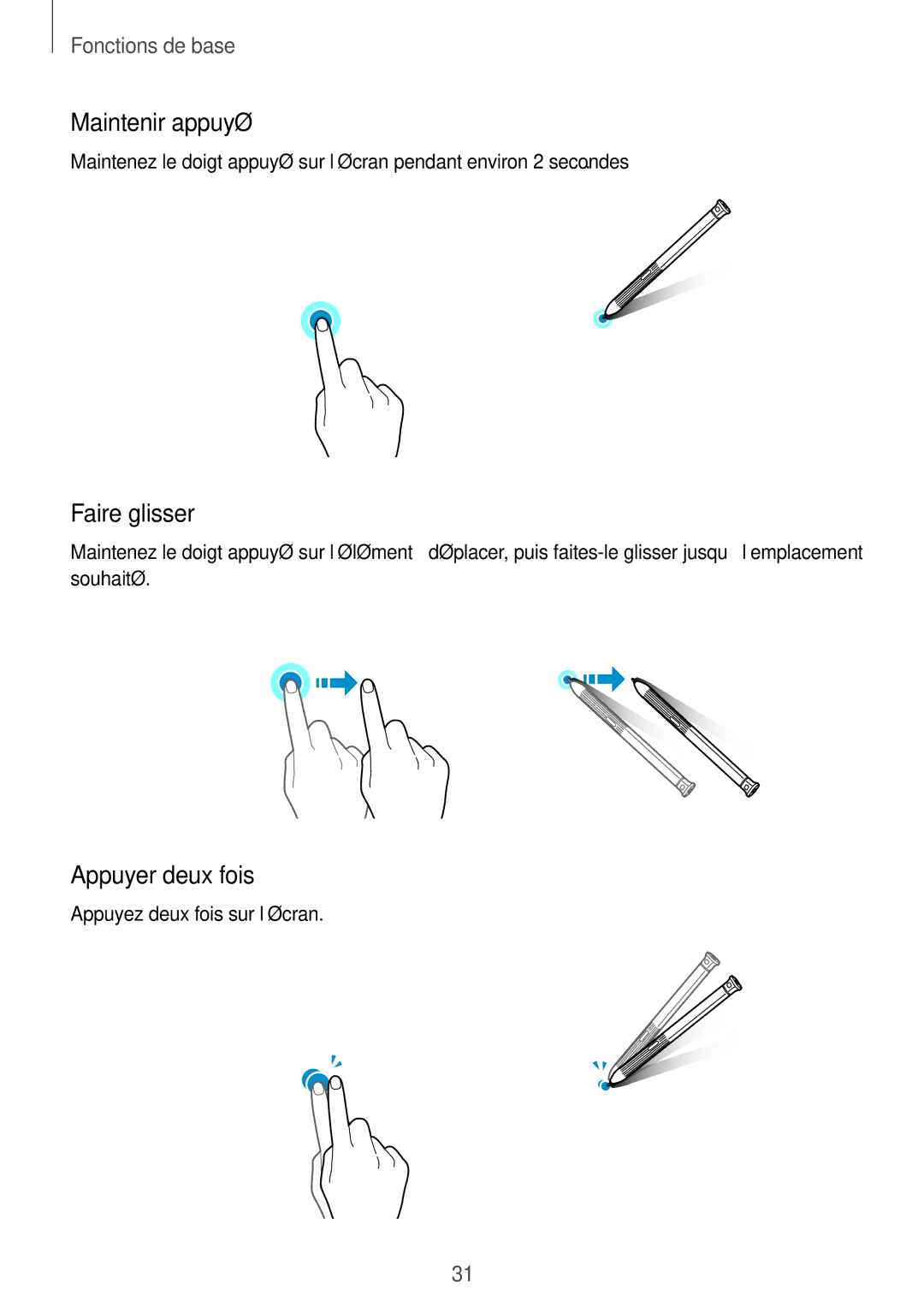 Samsung SM-T395NZKAXEF manual Maintenir appuyé, Faire glisser, Appuyer deux fois 