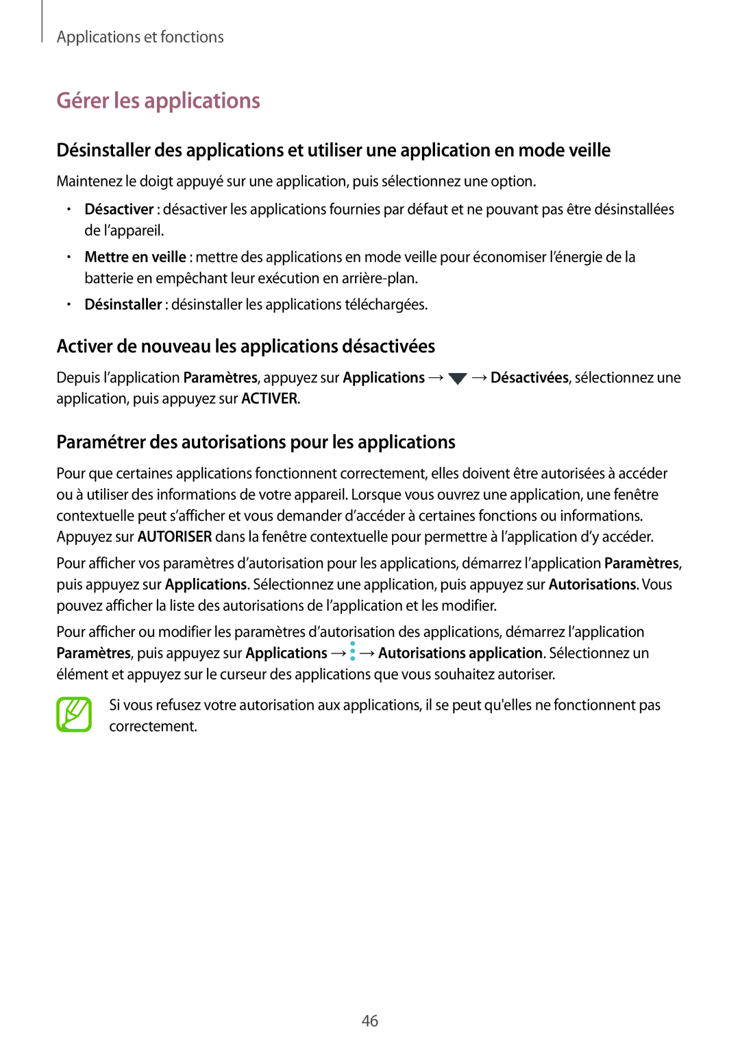 Samsung SM-T395NZKAXEF manual Gérer les applications, Activer de nouveau les applications désactivées 