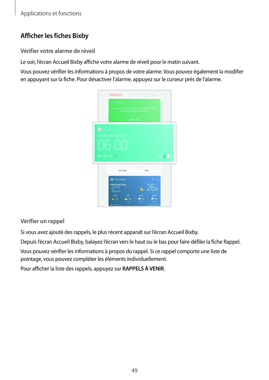 Samsung SM-T395NZKAXEF manual Afficher les fiches Bixby, Vérifier votre alarme de réveil, Vérifier un rappel 
