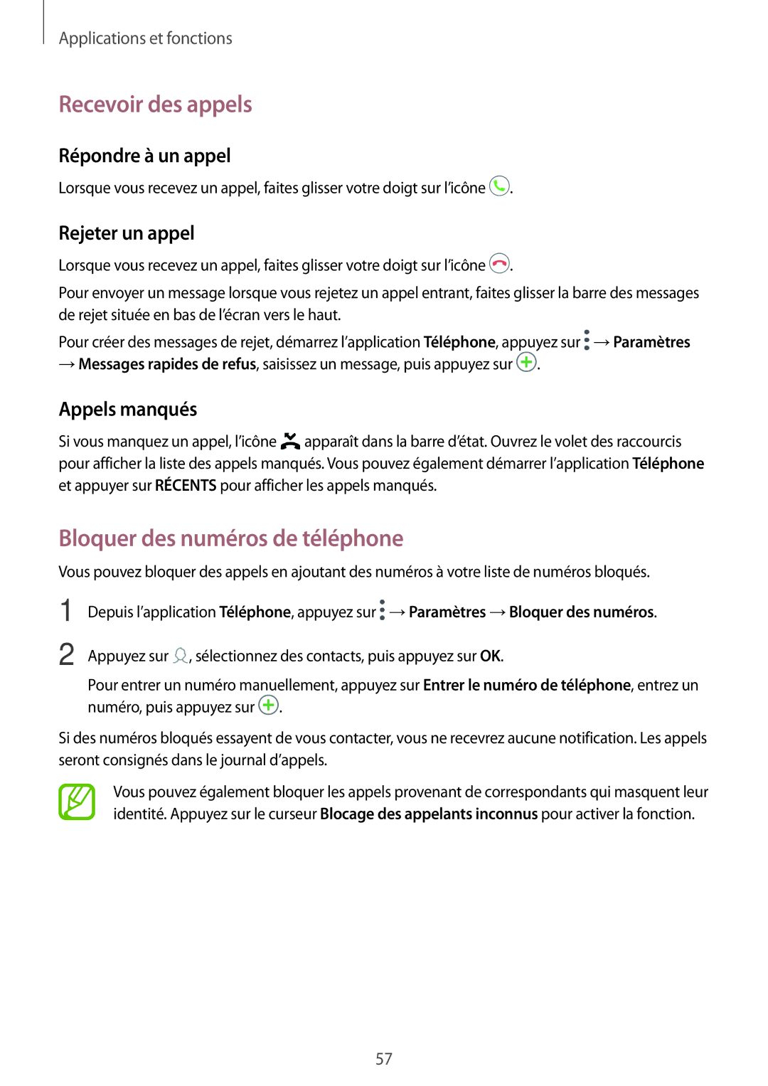 Samsung SM-T395NZKAXEF manual Recevoir des appels, Bloquer des numéros de téléphone, Répondre à un appel, Rejeter un appel 