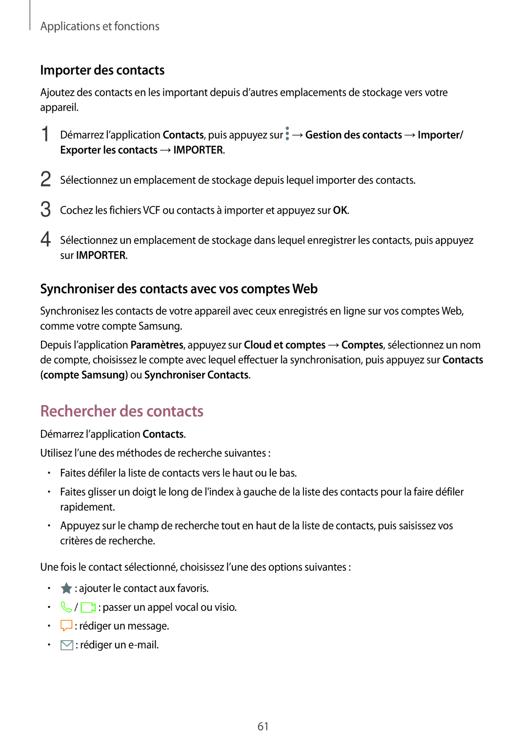 Samsung SM-T395NZKAXEF Rechercher des contacts, Importer des contacts, Synchroniser des contacts avec vos comptes Web 