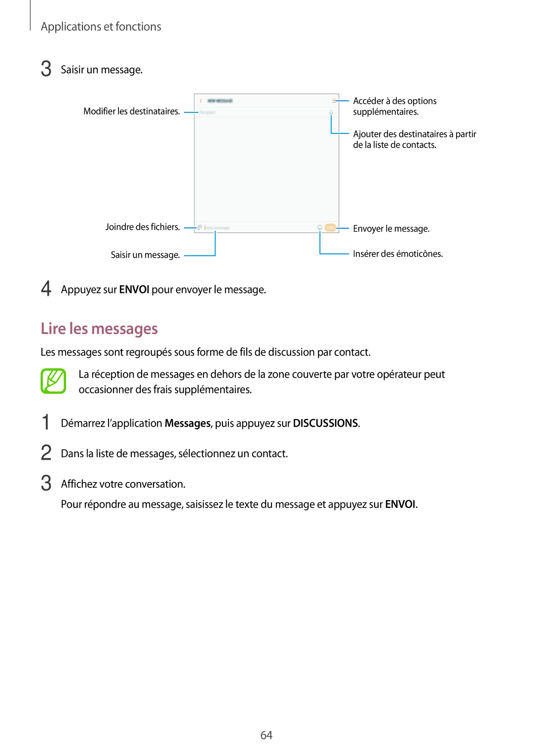 Samsung SM-T395NZKAXEF manual Lire les messages, Saisir un message 