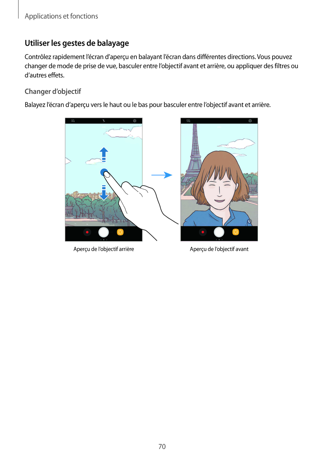 Samsung SM-T395NZKAXEF manual Utiliser les gestes de balayage, Changer d’objectif 