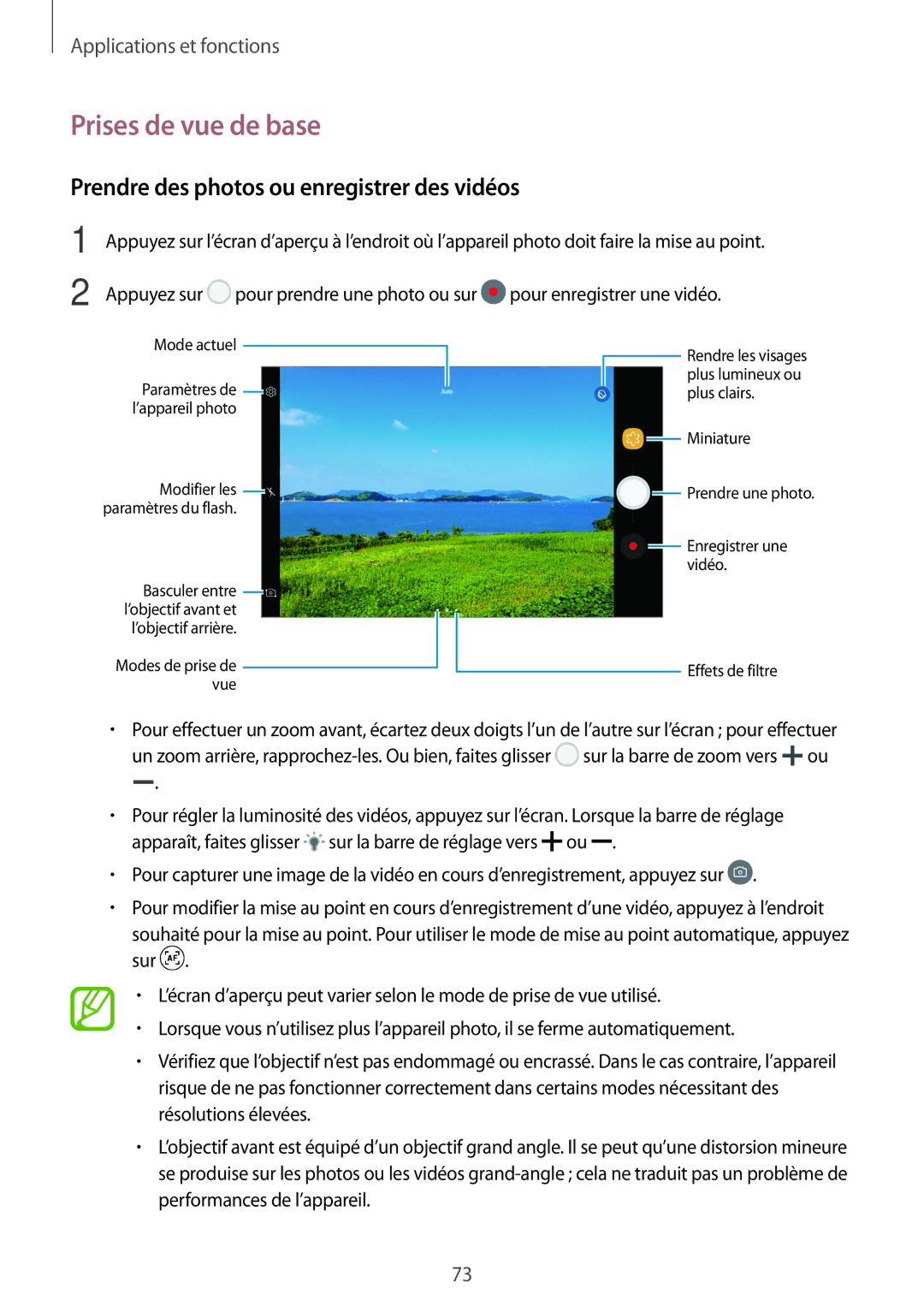 Samsung SM-T395NZKAXEF manual Prises de vue de base, Prendre des photos ou enregistrer des vidéos 