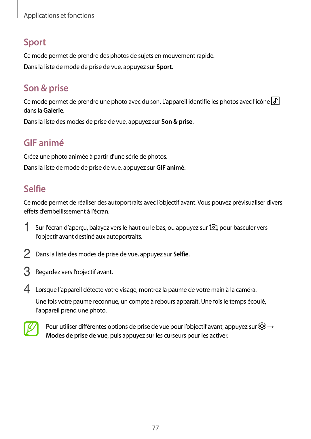 Samsung SM-T395NZKAXEF manual Sport, Son & prise, GIF animé, Selfie 
