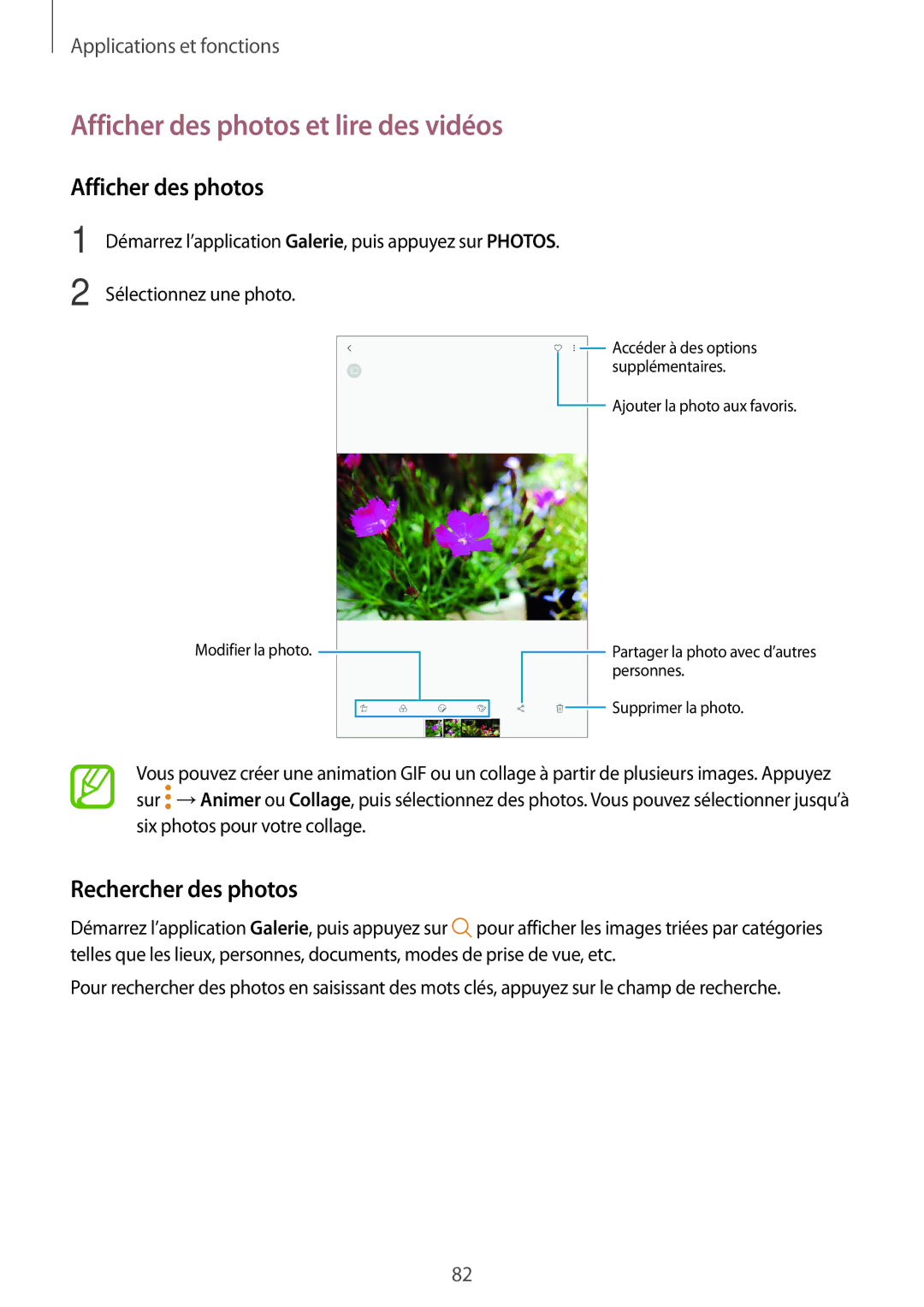 Samsung SM-T395NZKAXEF manual Afficher des photos et lire des vidéos, Rechercher des photos 