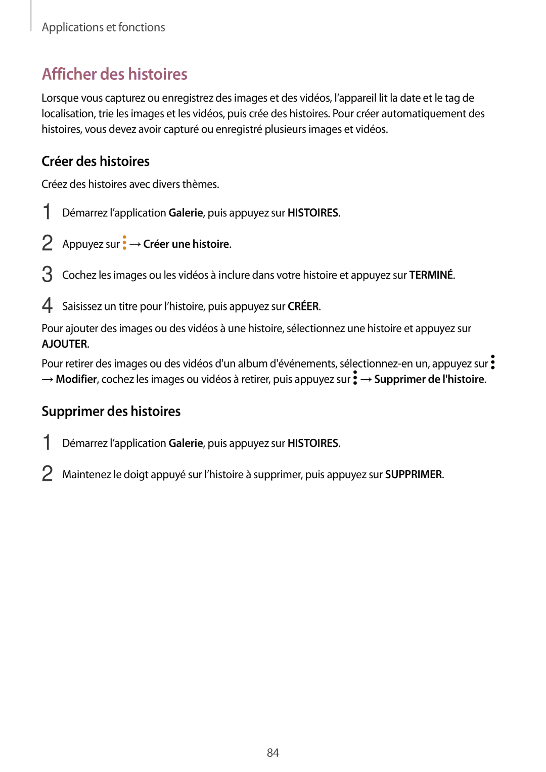 Samsung SM-T395NZKAXEF manual Afficher des histoires, Créer des histoires, Supprimer des histoires 