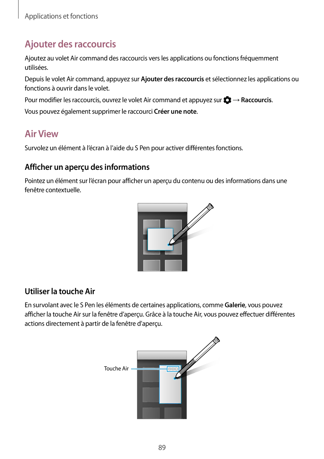 Samsung SM-T395NZKAXEF manual Ajouter des raccourcis, Air View, Afficher un aperçu des informations, Utiliser la touche Air 