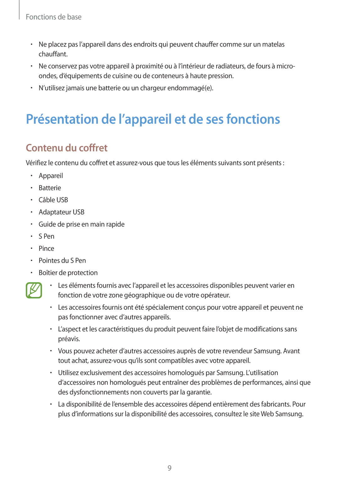 Samsung SM-T395NZKAXEF manual Présentation de l’appareil et de ses fonctions, Contenu du coffret 