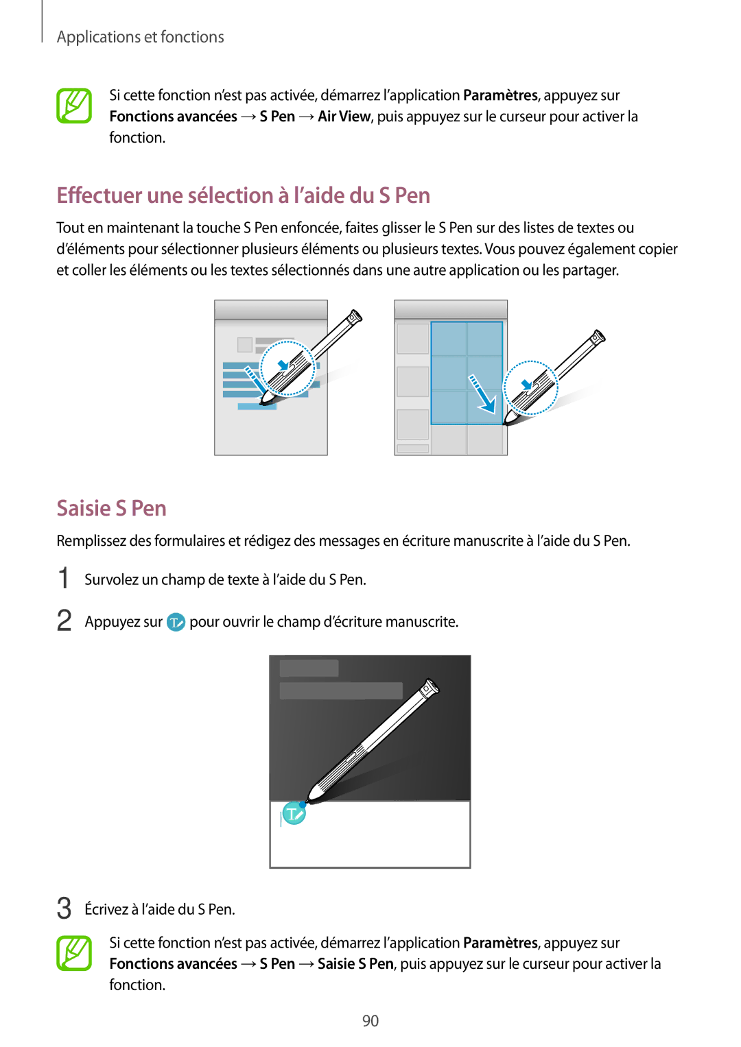 Samsung SM-T395NZKAXEF manual Effectuer une sélection à l’aide du S Pen, Saisie S Pen 