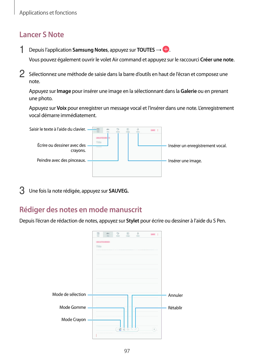 Samsung SM-T395NZKAXEF manual Lancer S Note, Rédiger des notes en mode manuscrit 