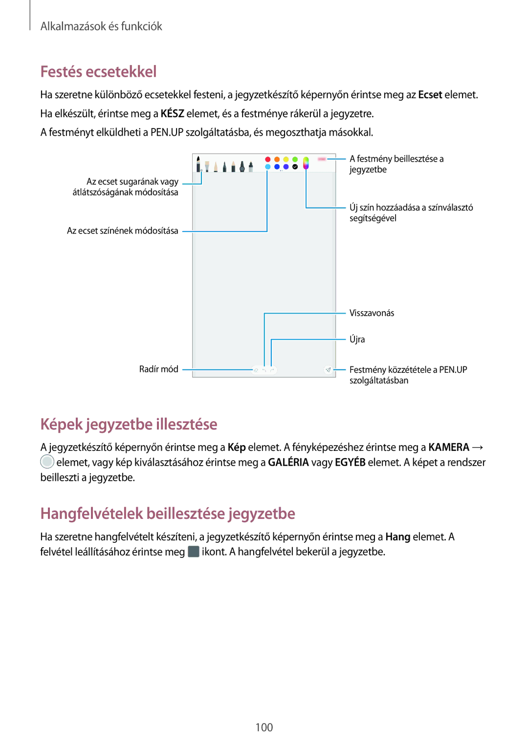 Samsung SM-T395NZKAXEZ manual Festés ecsetekkel, Képek jegyzetbe illesztése, Hangfelvételek beillesztése jegyzetbe 