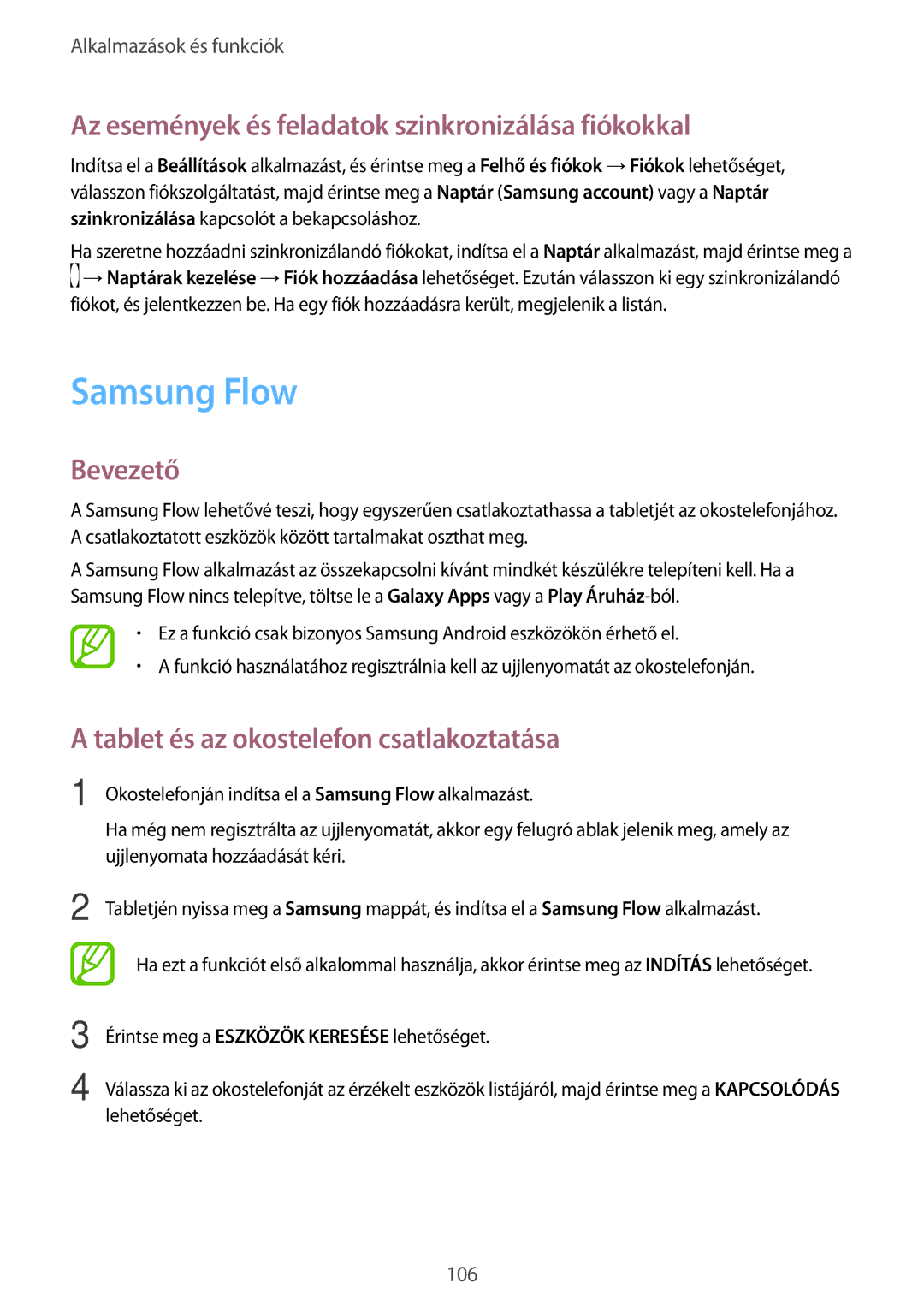Samsung SM-T395NZKAXSK, SM-T395NZKAXEZ, SM-T395NZKAEUR Samsung Flow, Az események és feladatok szinkronizálása fiókokkal 