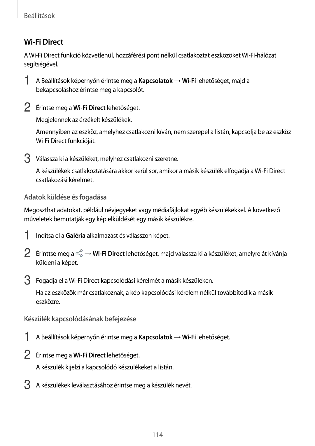 Samsung SM-T395NZKAXSK, SM-T395NZKAXEZ manual Wi-Fi Direct, Adatok küldése és fogadása, Készülék kapcsolódásának befejezése 