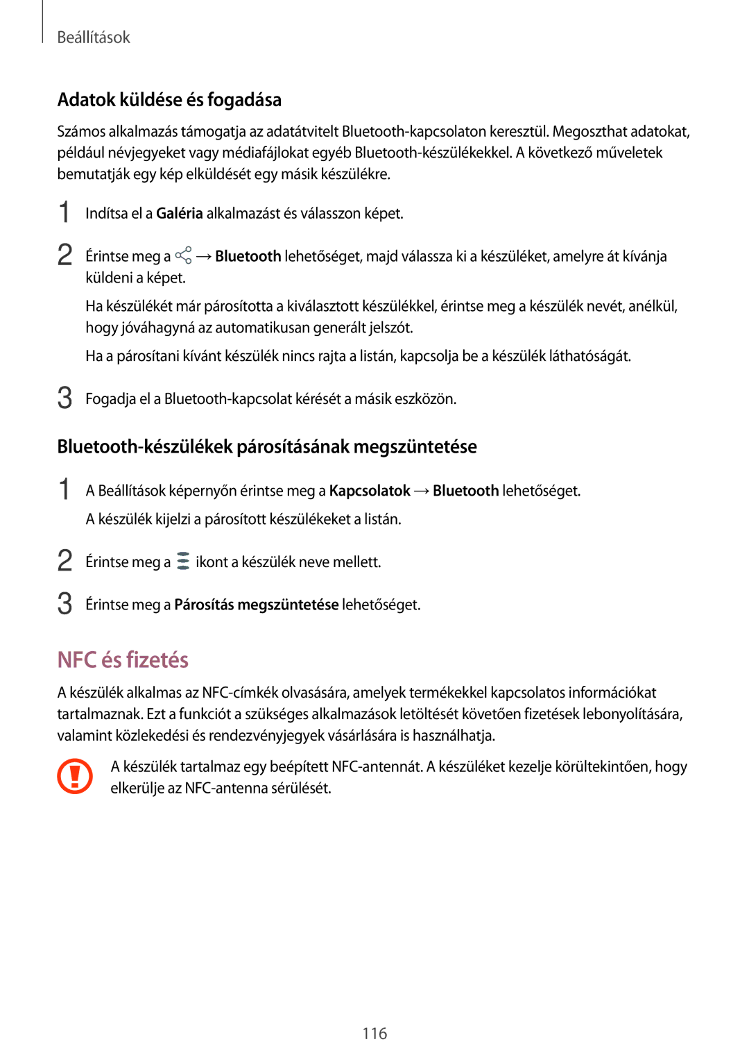 Samsung SM-T395NZKAXEZ manual NFC és fizetés, Adatok küldése és fogadása, Bluetooth-készülékek párosításának megszüntetése 