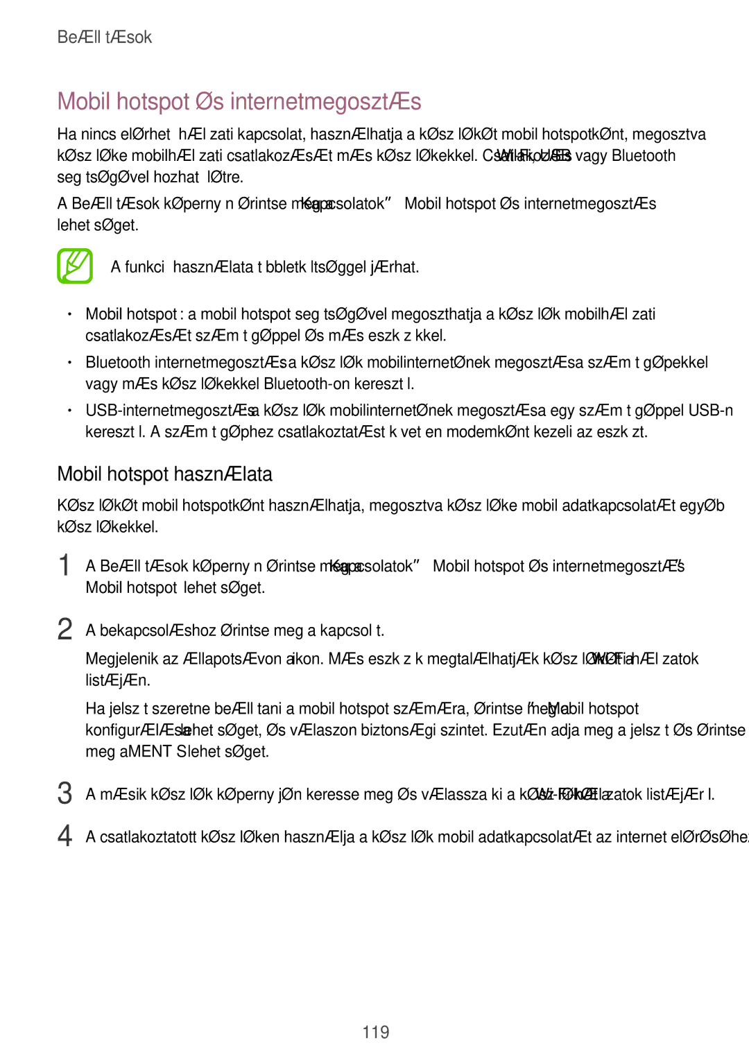 Samsung SM-T395NZKAXEH, SM-T395NZKAXEZ, SM-T395NZKAEUR manual Mobil hotspot és internetmegosztás, Mobil hotspot használata 