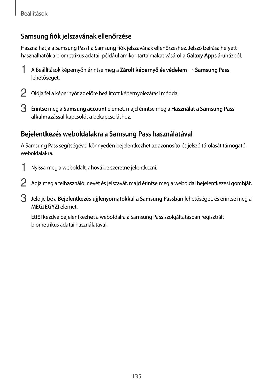 Samsung SM-T395NZKAXEH manual Samsung fiók jelszavának ellenőrzése, Bejelentkezés weboldalakra a Samsung Pass használatával 