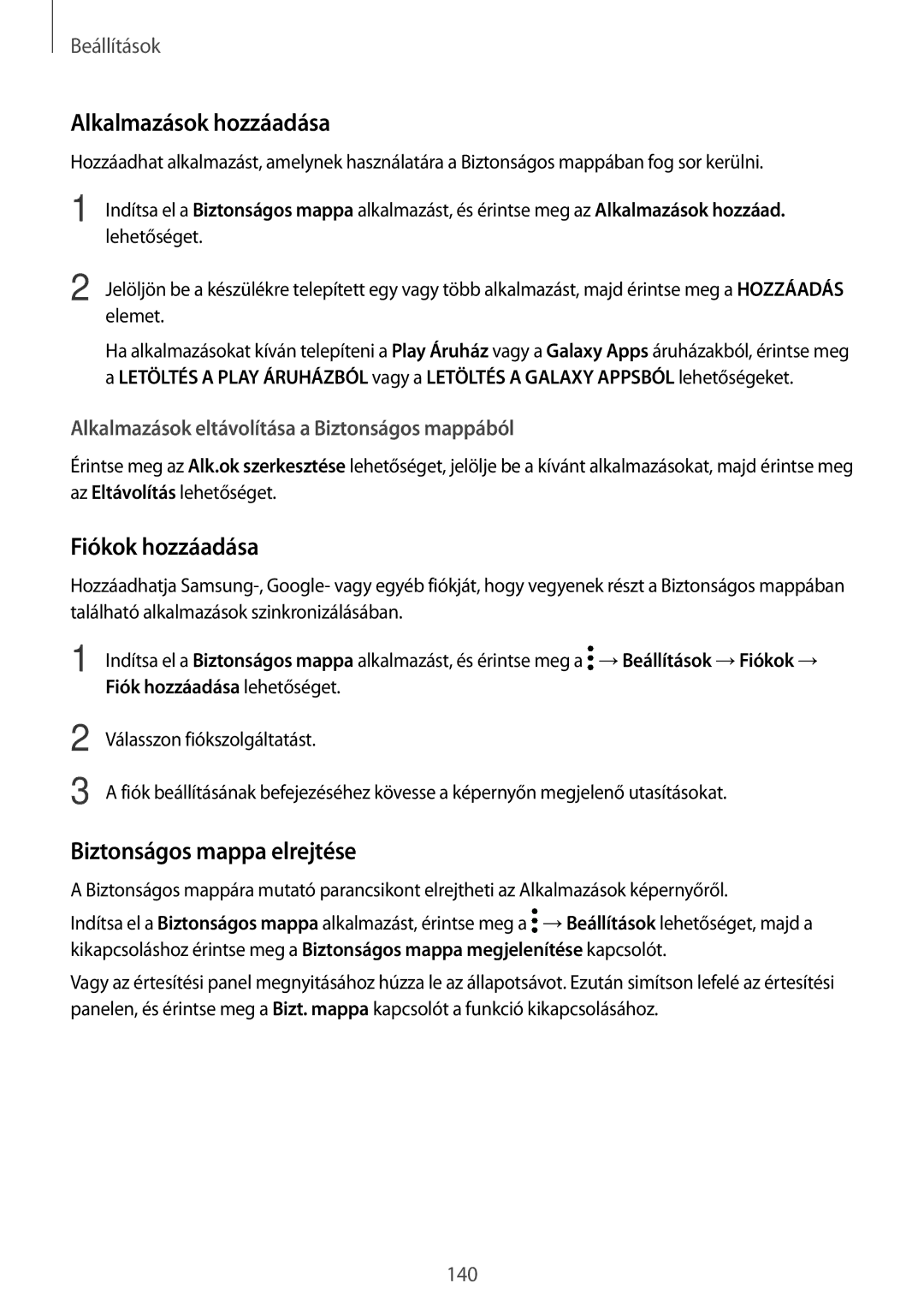 Samsung SM-T395NZKAXEZ, SM-T395NZKAEUR manual Alkalmazások hozzáadása, Fiókok hozzáadása, Biztonságos mappa elrejtése 