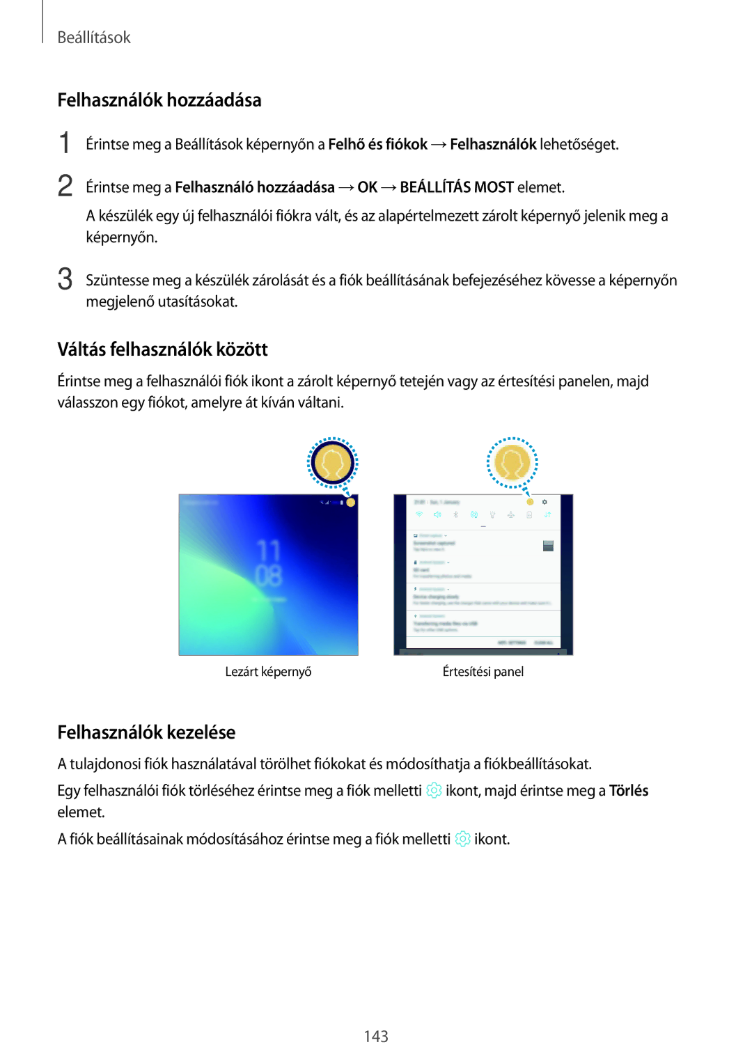 Samsung SM-T395NZKAXEH, SM-T395NZKAXEZ manual Felhasználók hozzáadása, Váltás felhasználók között, Felhasználók kezelése 