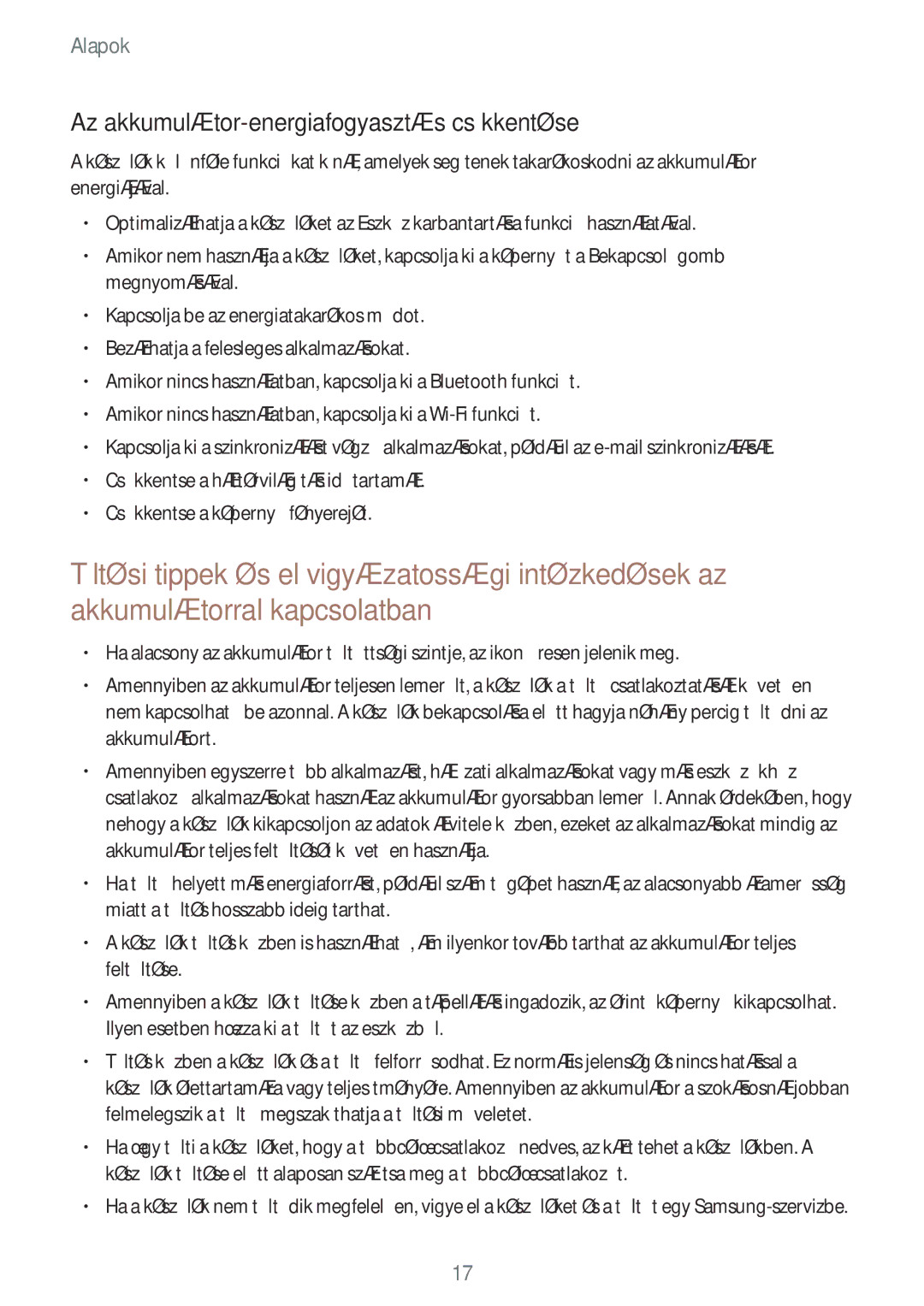 Samsung SM-T395NZKAEUR, SM-T395NZKAXEZ, SM-T395NZKAXSK, SM-T395NZKAXEH manual Az akkumulátor-energiafogyasztás csökkentése 