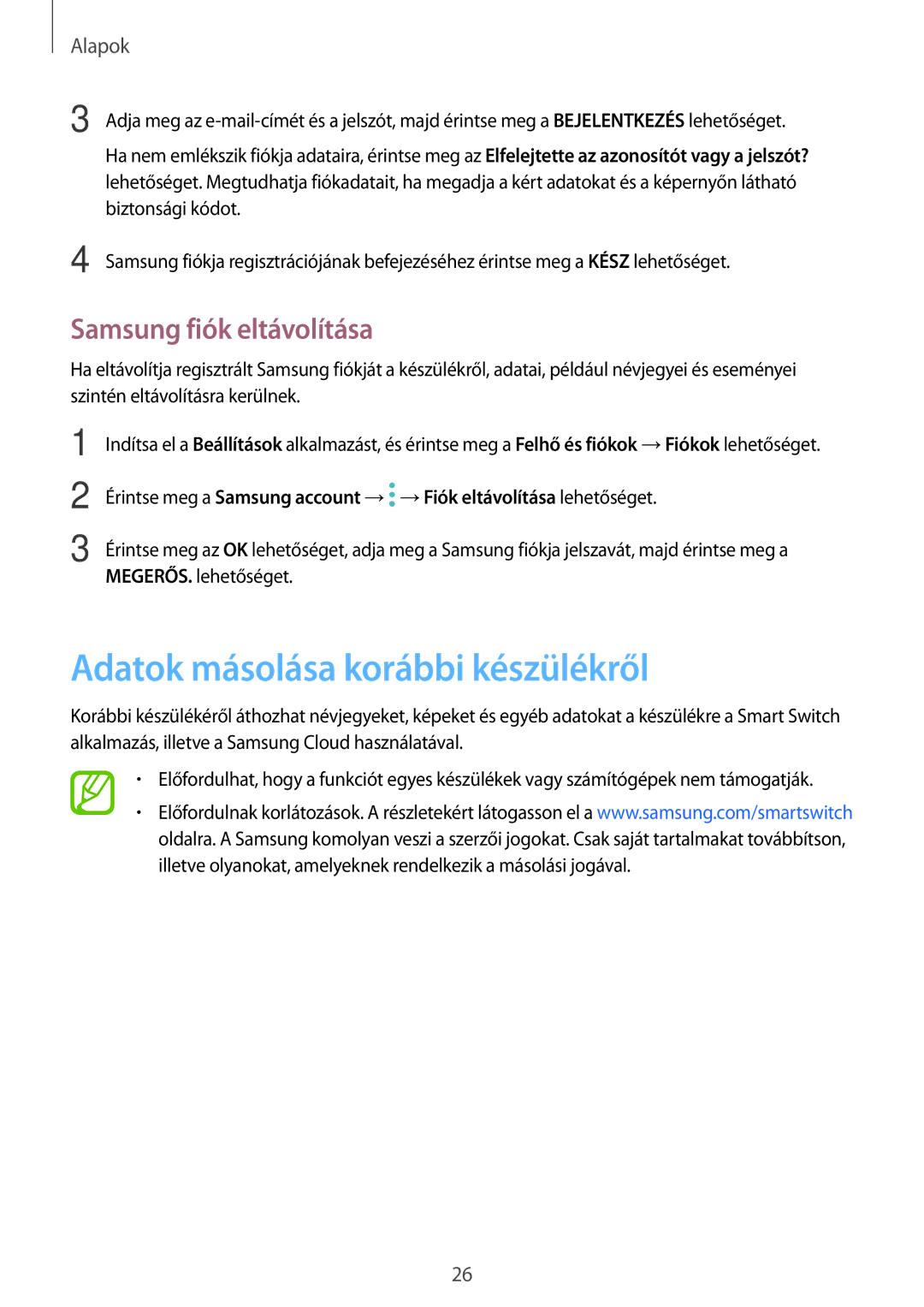 Samsung SM-T395NZKAXSK, SM-T395NZKAXEZ, SM-T395NZKAEUR manual Adatok másolása korábbi készülékről, Samsung fiók eltávolítása 