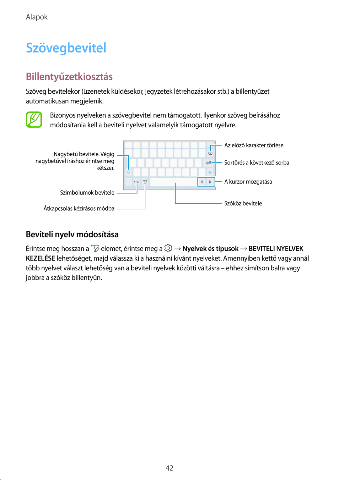 Samsung SM-T395NZKAXSK, SM-T395NZKAXEZ, SM-T395NZKAEUR manual Szövegbevitel, Billentyűzetkiosztás, Beviteli nyelv módosítása 