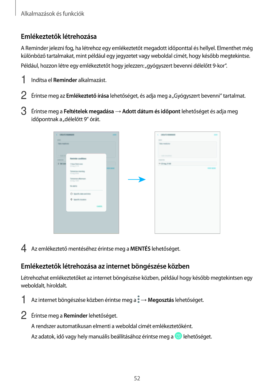 Samsung SM-T395NZKAXEZ, SM-T395NZKAEUR, SM-T395NZKAXSK manual Emlékeztetők létrehozása az internet böngészése közben 