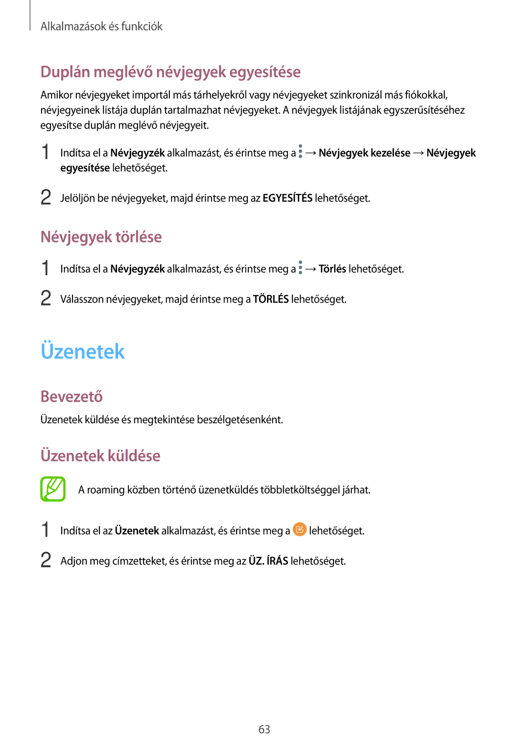 Samsung SM-T395NZKAXEH, SM-T395NZKAXEZ manual Duplán meglévő névjegyek egyesítése, Névjegyek törlése, Üzenetek küldése 