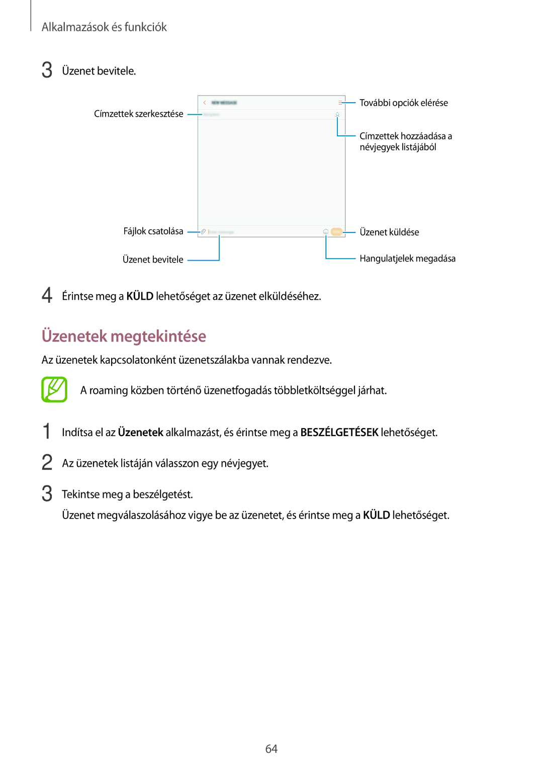 Samsung SM-T395NZKAXEZ, SM-T395NZKAEUR, SM-T395NZKAXSK, SM-T395NZKAXEH manual Üzenetek megtekintése, Üzenet bevitele 