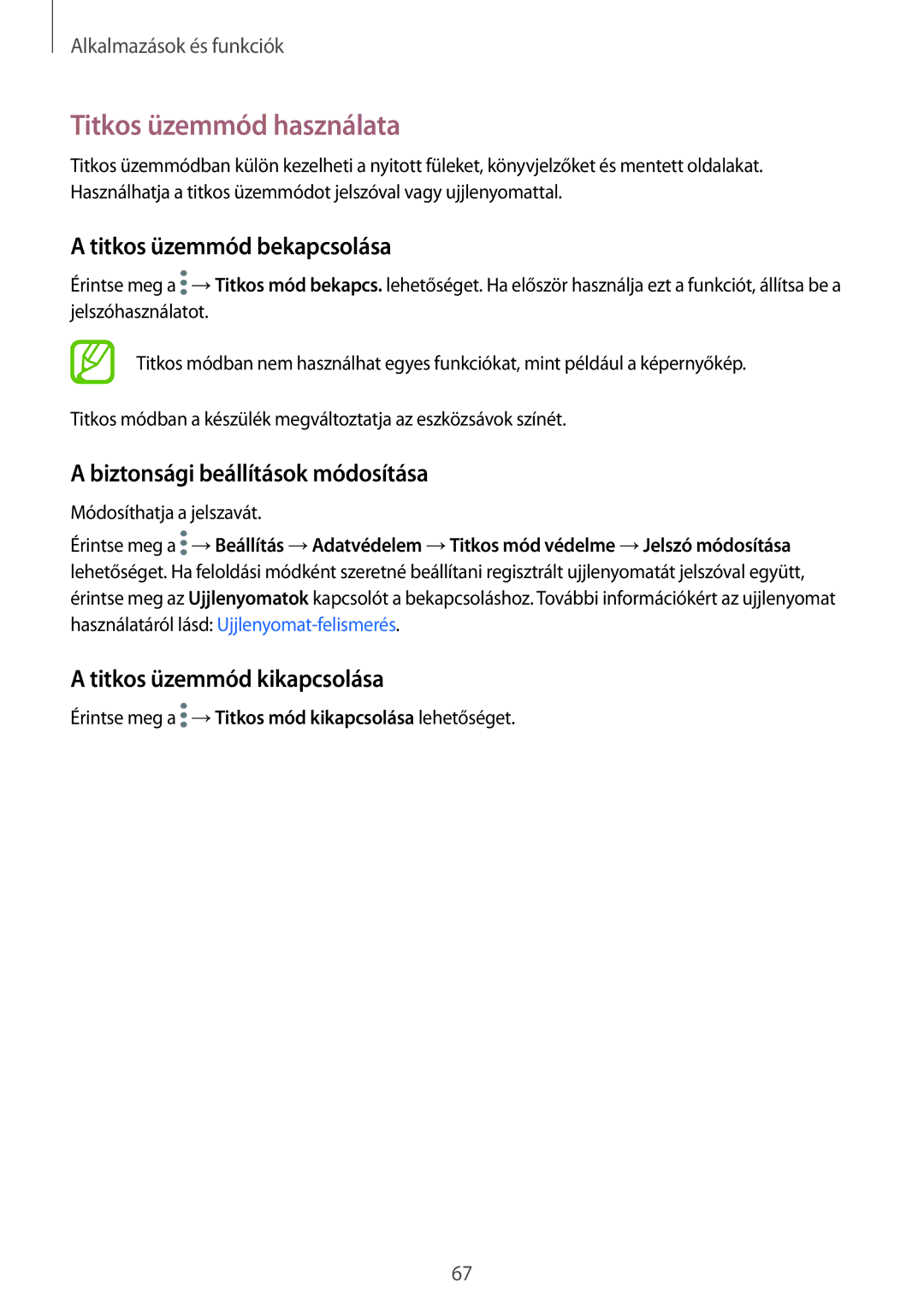 Samsung SM-T395NZKAXEH manual Titkos üzemmód használata, Titkos üzemmód bekapcsolása, Biztonsági beállítások módosítása 