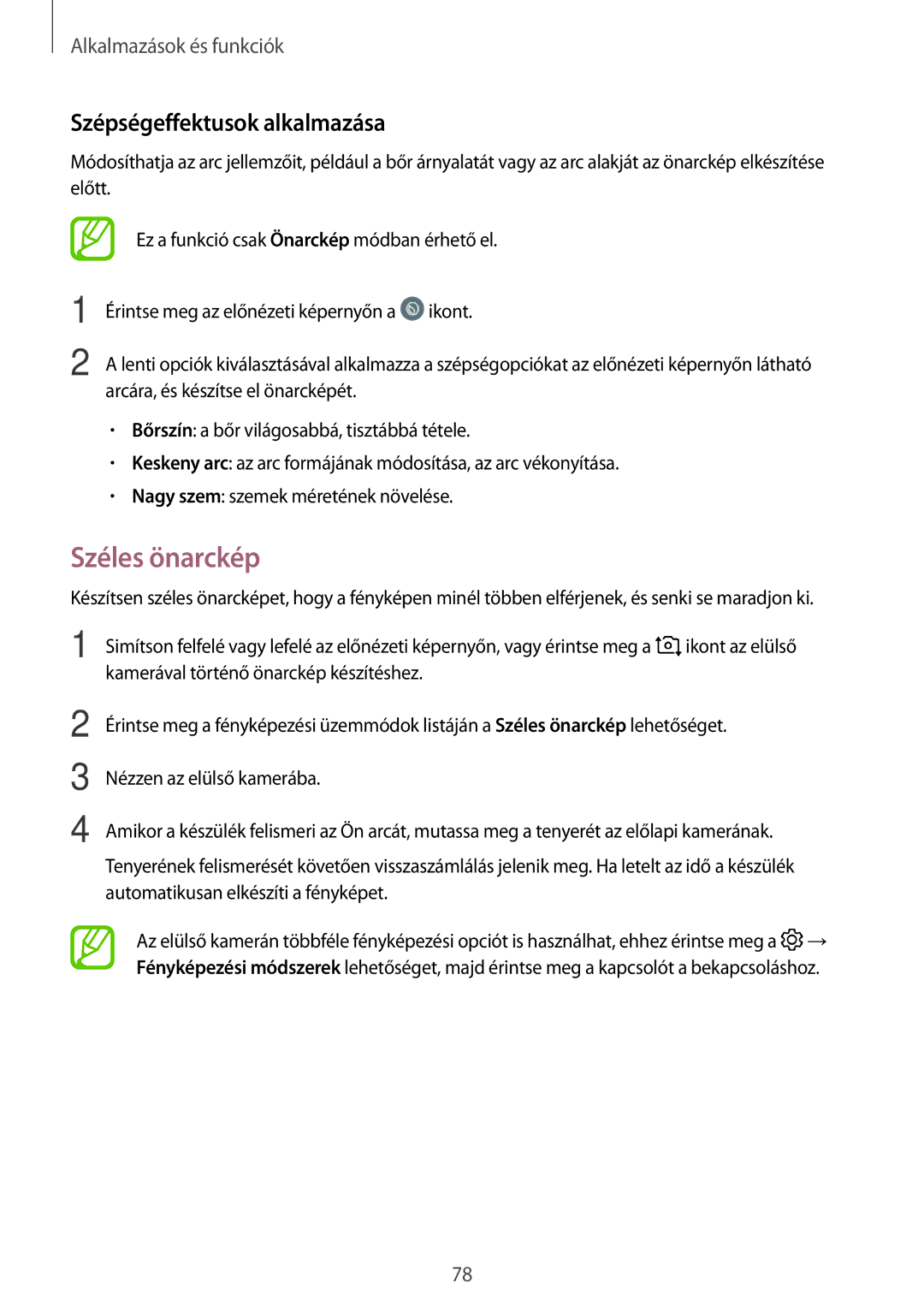 Samsung SM-T395NZKAXSK, SM-T395NZKAXEZ, SM-T395NZKAEUR, SM-T395NZKAXEH manual Széles önarckép, Szépségeffektusok alkalmazása 