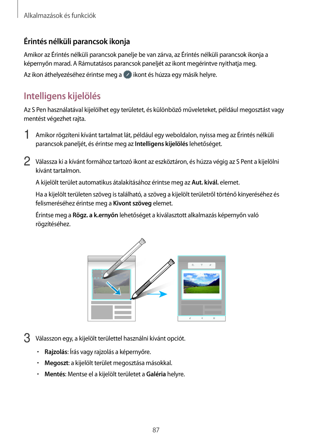 Samsung SM-T395NZKAXEH, SM-T395NZKAXEZ, SM-T395NZKAEUR manual Intelligens kijelölés, Érintés nélküli parancsok ikonja 