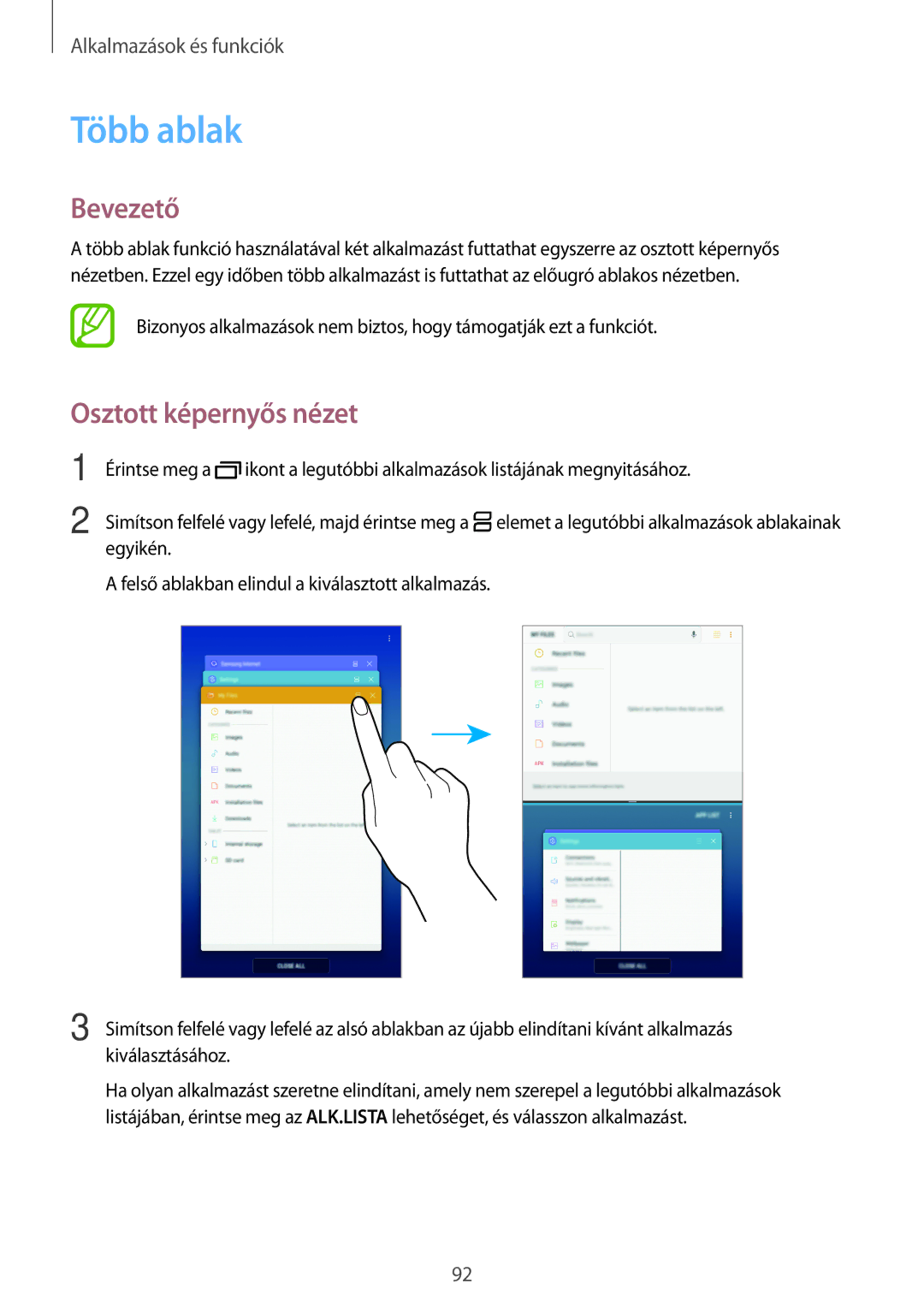 Samsung SM-T395NZKAXEZ, SM-T395NZKAEUR, SM-T395NZKAXSK, SM-T395NZKAXEH manual Több ablak, Osztott képernyős nézet 