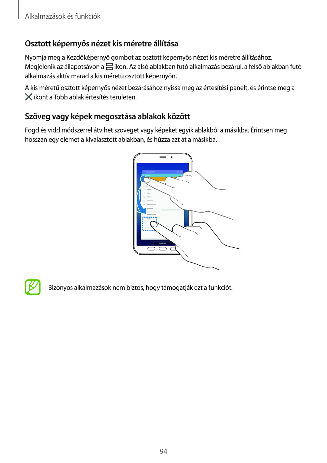 Samsung SM-T395NZKAXSK manual Osztott képernyős nézet kis méretre állítása, Szöveg vagy képek megosztása ablakok között 
