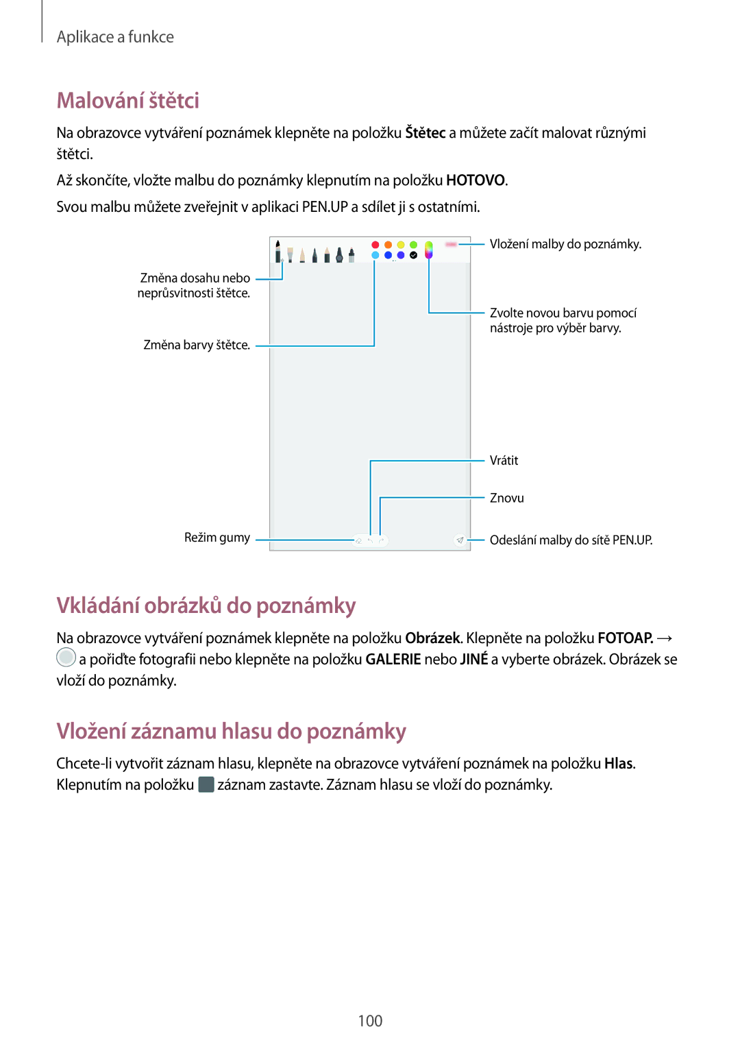 Samsung SM-T395NZKAXEZ manual Malování štětci, Vkládání obrázků do poznámky, Vložení záznamu hlasu do poznámky 