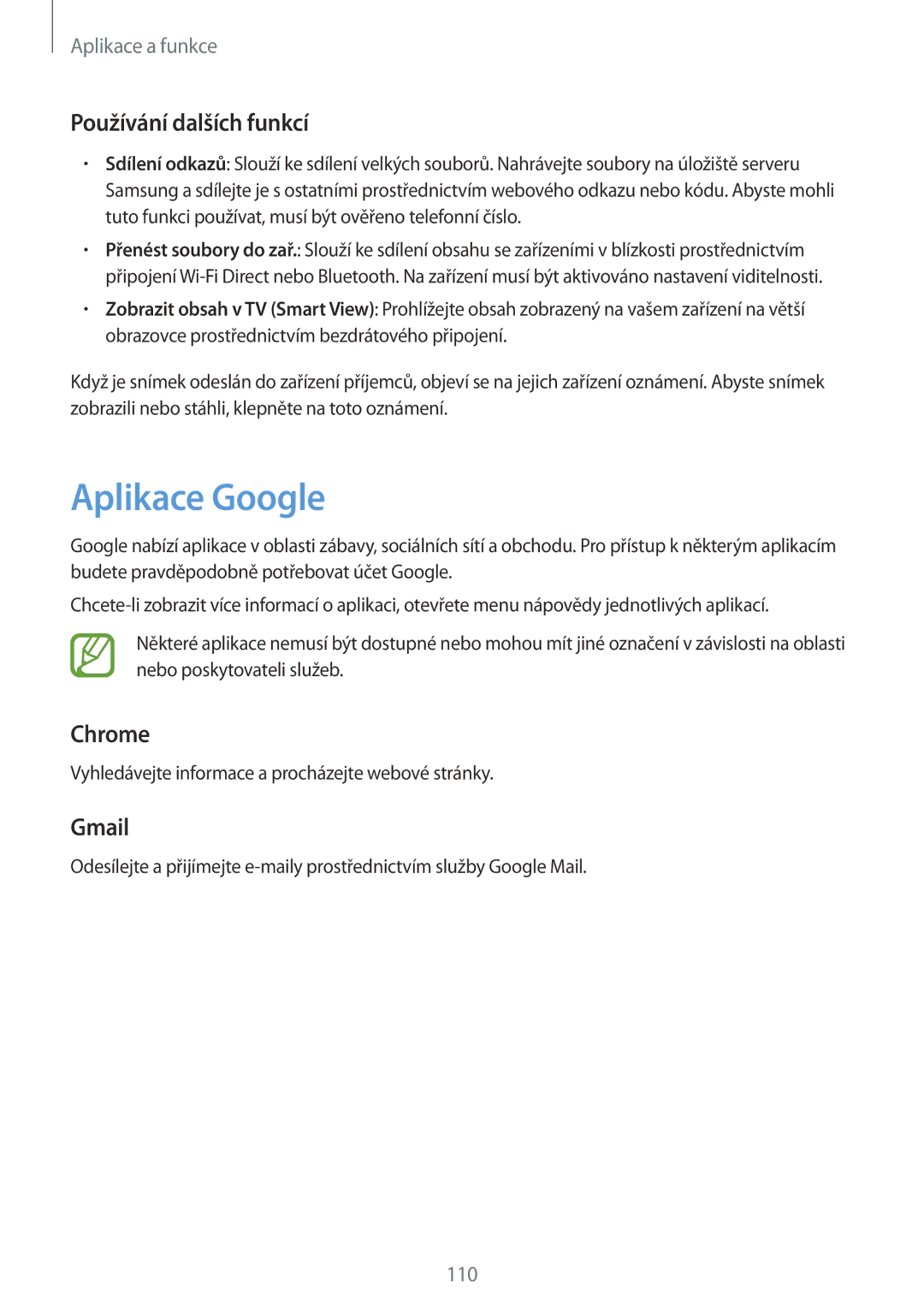 Samsung SM-T395NZKAXEZ manual Aplikace Google, Používání dalších funkcí, Chrome, Gmail 