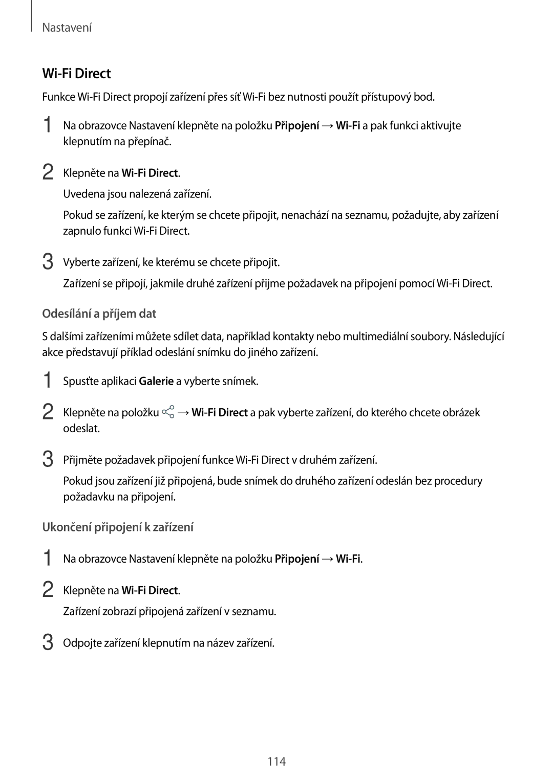Samsung SM-T395NZKAXEZ manual Wi-Fi Direct, Odesílání a příjem dat, Ukončení připojení k zařízení 