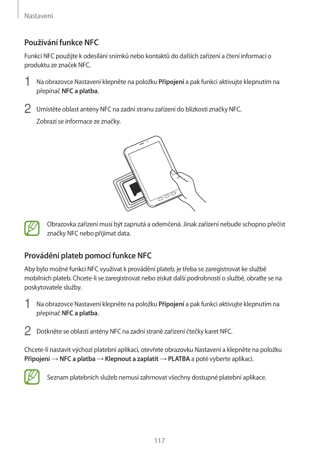 Samsung SM-T395NZKAXEZ manual Používání funkce NFC, Provádění plateb pomocí funkce NFC, Přepínač NFC a platba 