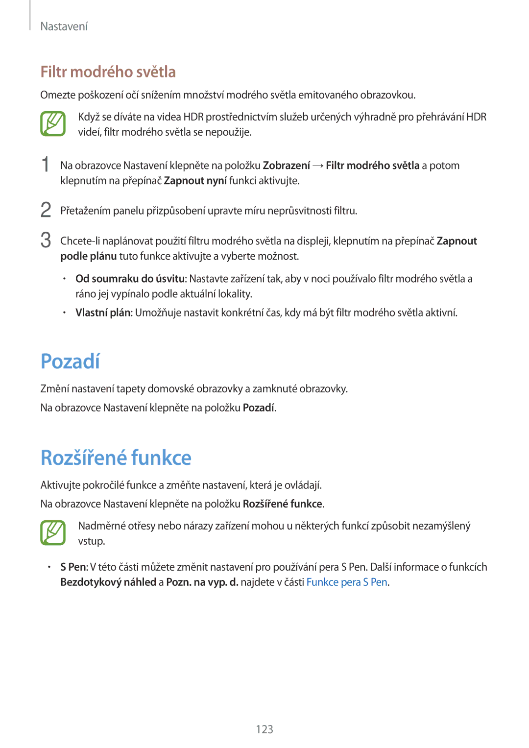 Samsung SM-T395NZKAXEZ manual Pozadí, Rozšířené funkce, Filtr modrého světla 