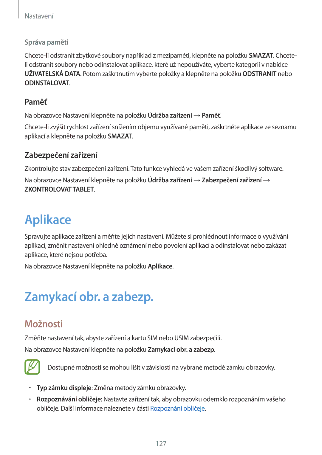 Samsung SM-T395NZKAXEZ manual Aplikace, Zamykací obr. a zabezp, Paměť, Zabezpečení zařízení, Správa paměti 