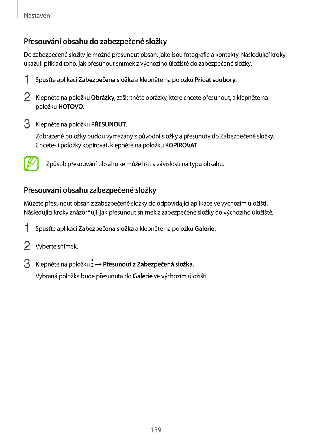 Samsung SM-T395NZKAXEZ manual Přesouvání obsahu do zabezpečené složky, Přesouvání obsahu zabezpečené složky 