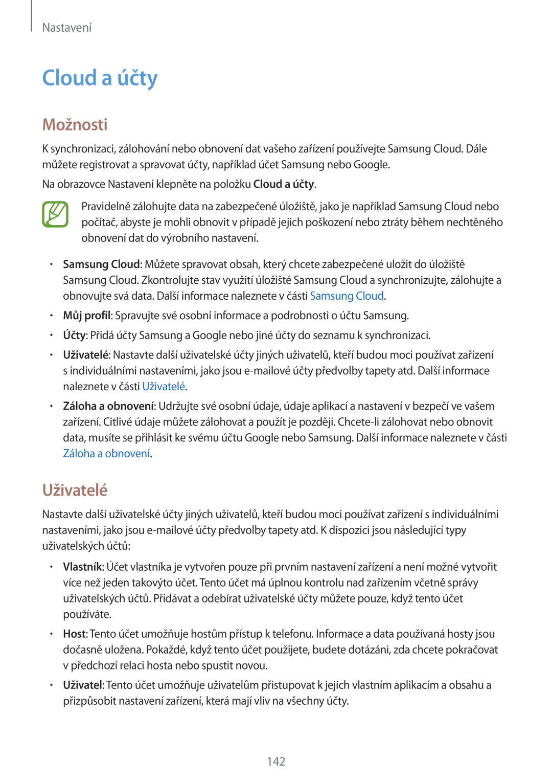 Samsung SM-T395NZKAXEZ manual Cloud a účty, Uživatelé 