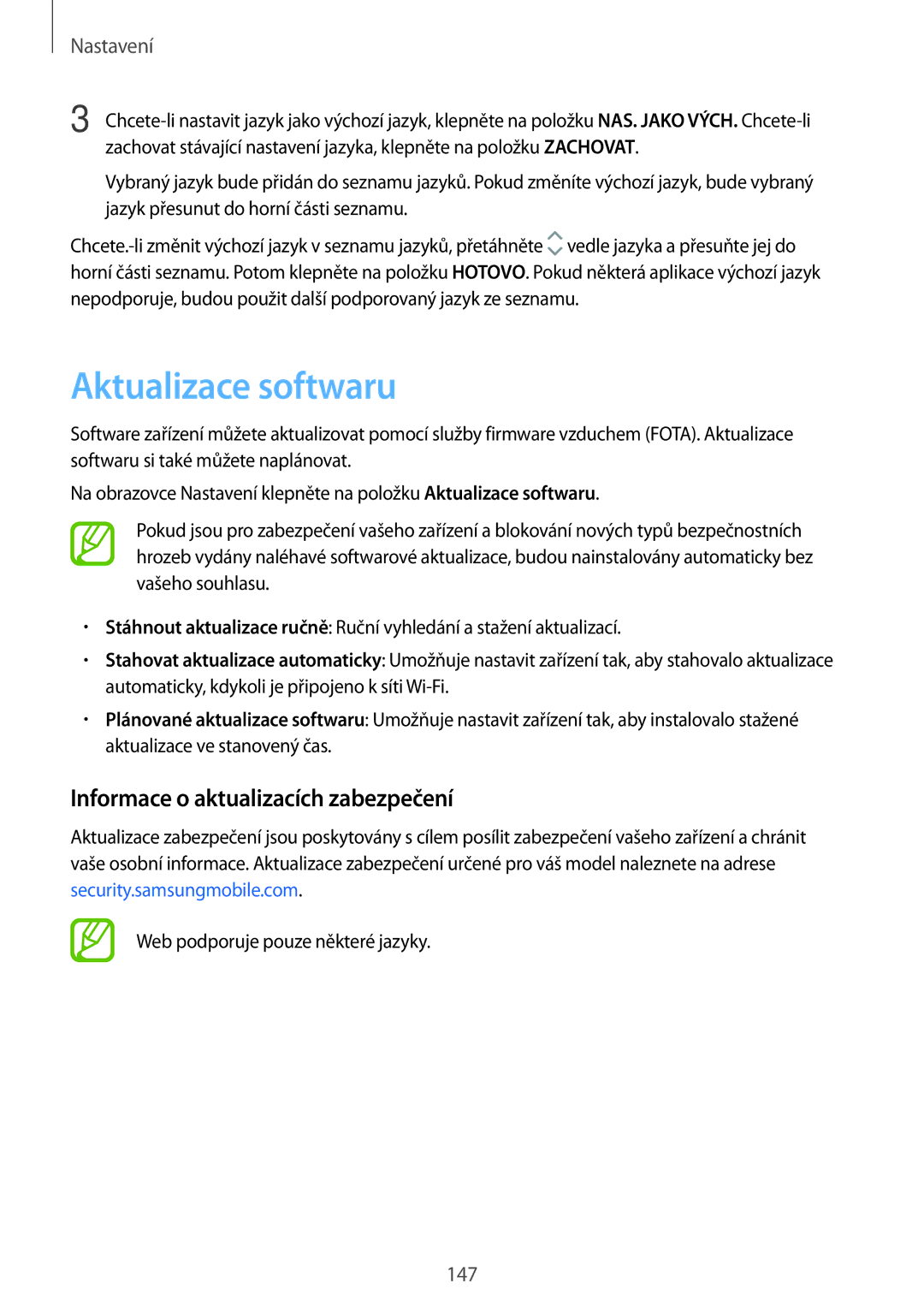 Samsung SM-T395NZKAXEZ manual Aktualizace softwaru, Informace o aktualizacích zabezpečení 
