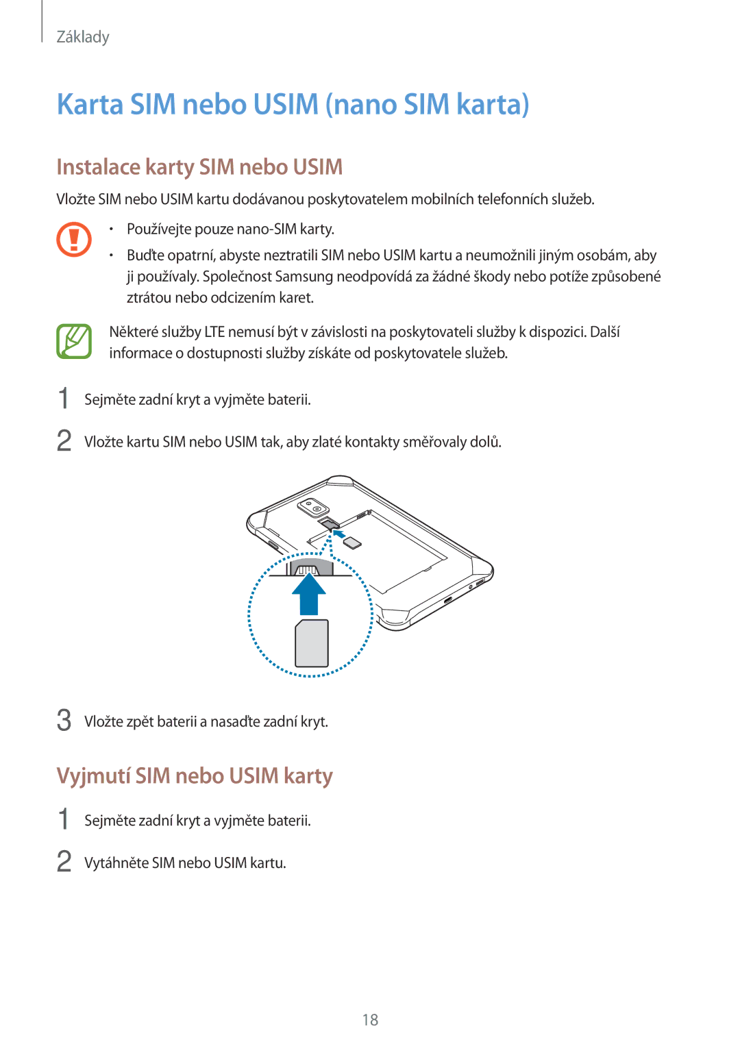 Samsung SM-T395NZKAXEZ Karta SIM nebo Usim nano SIM karta, Instalace karty SIM nebo Usim, Vyjmutí SIM nebo Usim karty 