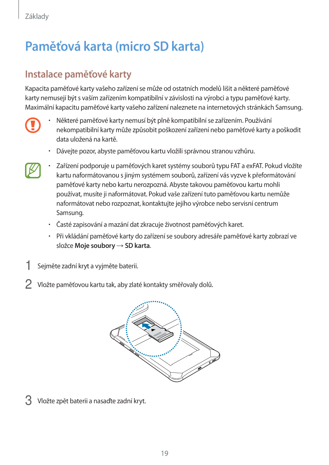 Samsung SM-T395NZKAXEZ manual Paměťová karta micro SD karta, Instalace paměťové karty 