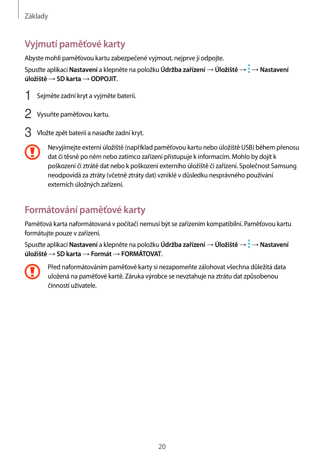 Samsung SM-T395NZKAXEZ manual Vyjmutí paměťové karty, Formátování paměťové karty 