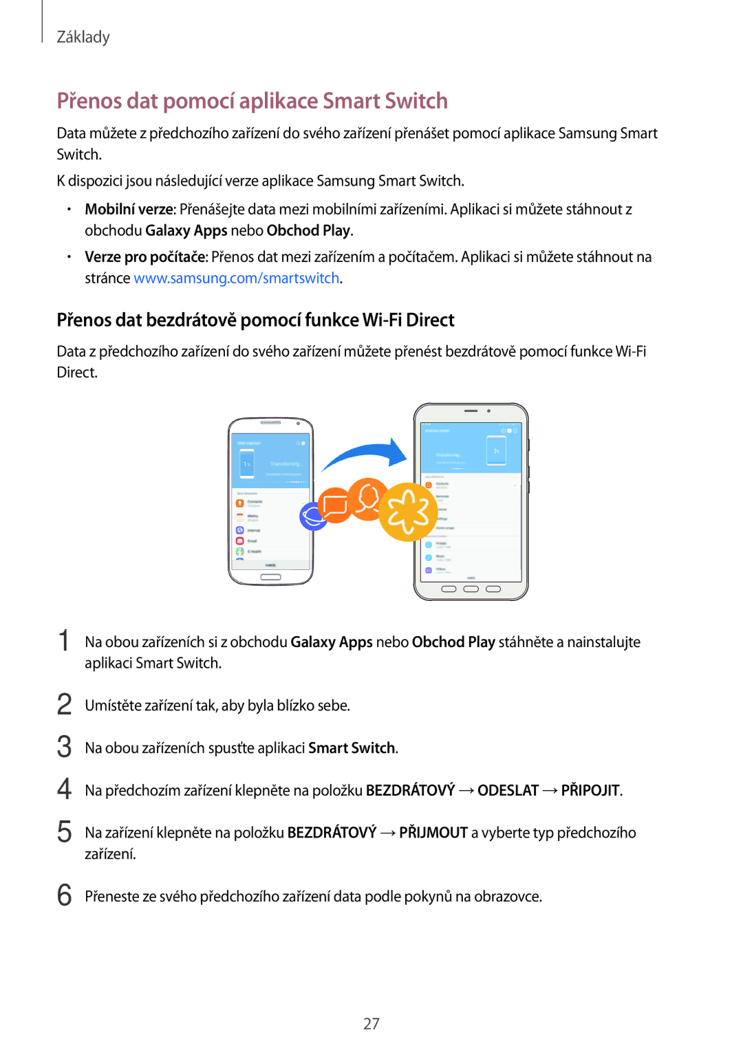 Samsung SM-T395NZKAXEZ manual Přenos dat pomocí aplikace Smart Switch, Přenos dat bezdrátově pomocí funkce Wi-Fi Direct 