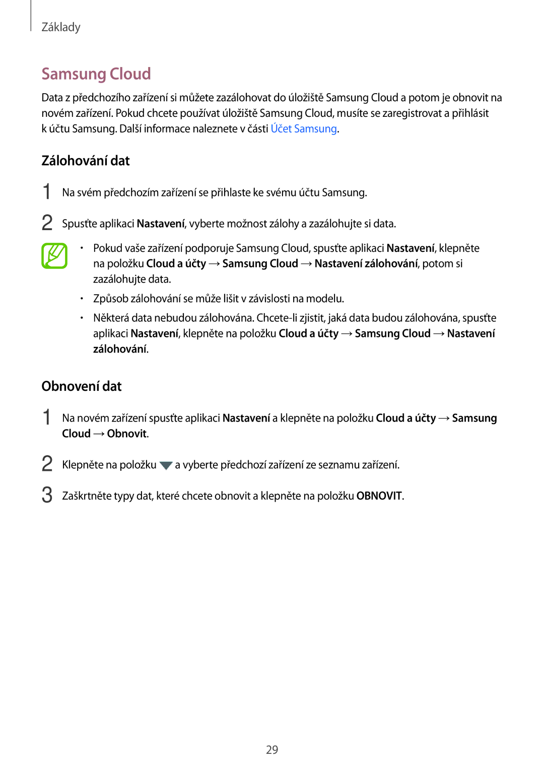 Samsung SM-T395NZKAXEZ manual Samsung Cloud, Zálohování dat, Obnovení dat 